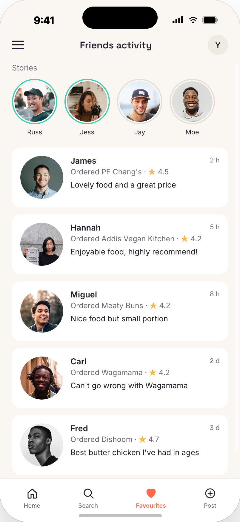Munch app Friends activity screen