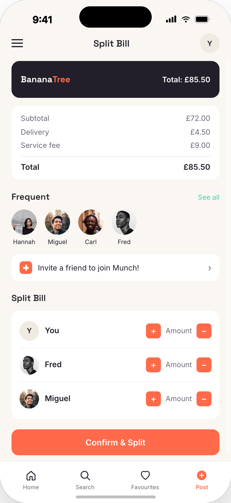 Munch app Split bill screen