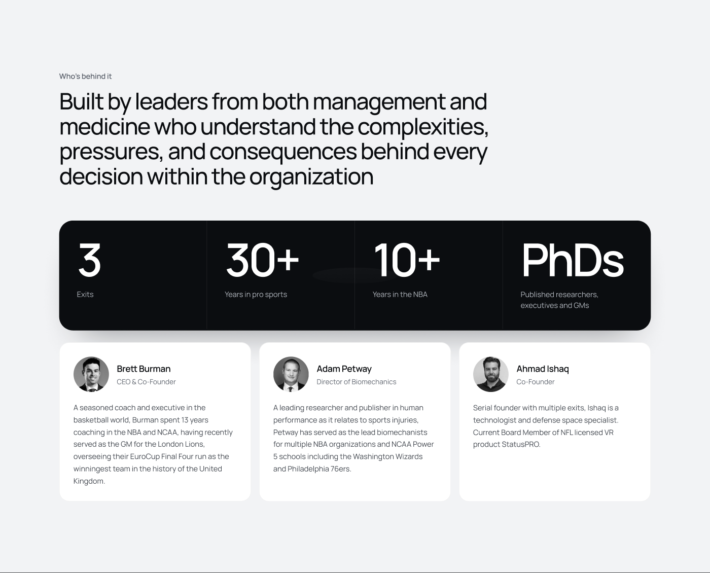 OnSport AI leadership section with Brett Burman, Adam Petway and Ahmad Ishaq